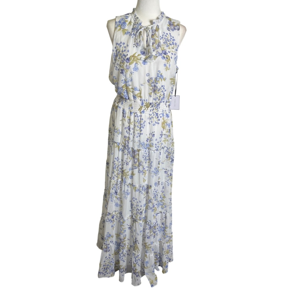 1.STATE Floral Maxi Dress size M White Blue Smocked Tiered Chiffon Sleeveless